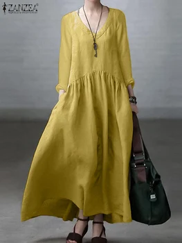 2023 ZANZEA Elegantne Naiste Sügis V-Kaelus Pikk Varrukas Kleit Vintage Tahke Maxi Sundress Vabaaja Stiilne Puhkus Vestidos Rüü Femme