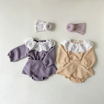 Baby Komplekti Sügis-Talv-Korea Laste Riided Tüdrukutele Lill Serv, Krae Triip Pika varrukaga, kanna T-särk, lühikesed Püksid Magus
