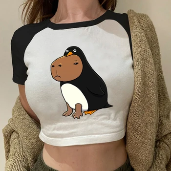 Capybara Pingviin Kostüüm Print T-Särk Kawaii Capybara Kõrvits Graafiline Saagi Tops Y2K Baby Tee O-Kaeluse Naiste Naiste Lühike Tshirt
