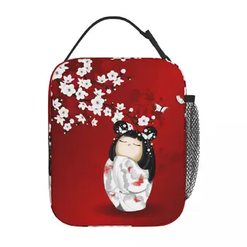 Kokeshi Nukk Punane Must Valge Kirsi Õied Isoleeritud Lõuna Kott Jaapani Tüdruk Kunsti Toidu Kasti Cooler Termilise Lunch Box Kooli