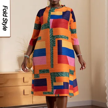 Miyake Plisseeritud Kleit Naiste 2024 Sügisel Uus Moekas Värvilised Geomeetrilised Prindi Suur Kõht Slim Orel Pikk Kleit
