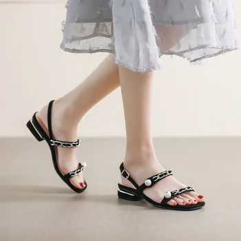 Naiste Sandaalid Mood Pearl Ahela Disain Üks Sõna Seksikas Avatud Varvas Pool Kõrge Kontsaga Sandaalid Brändi Kingad Sandalias De Mujer Pluss Suurus