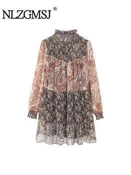 Nlzgmsj TRAF 2023 aasta Sügisel Vintage Print Kleit Naine Ruched Kleidid Naistele Pikad Varrukad Elegantne Õhtu Poole Kleit