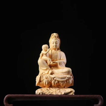 Pukspuu nikerdamist saata poeg Guanyin tähemärki loominguline teenetemärgi täispuidust Guanyin Buddha home elutuba teenetemärgi käsitöö