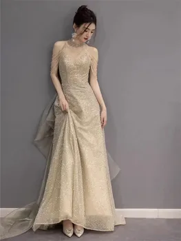 Šampanja Kleit Naiste Riided (Solid Color Beaded Sequin V-kaelus Kaelus Pikk-line Seelik Elegantne õhtukleit M304